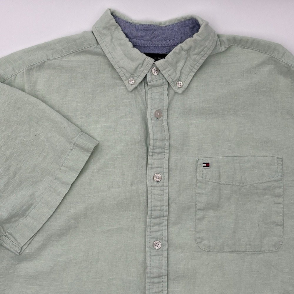 Tommy Hilfiger Shirt Mens XL Green Linen Cotton Button Down Short Sleeve Pocket - Picture 10 of 13